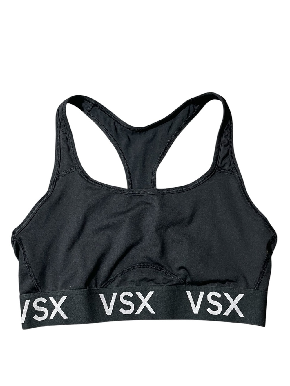 B5- medium VSX Black Racerback Logo Elastic Sports Bra